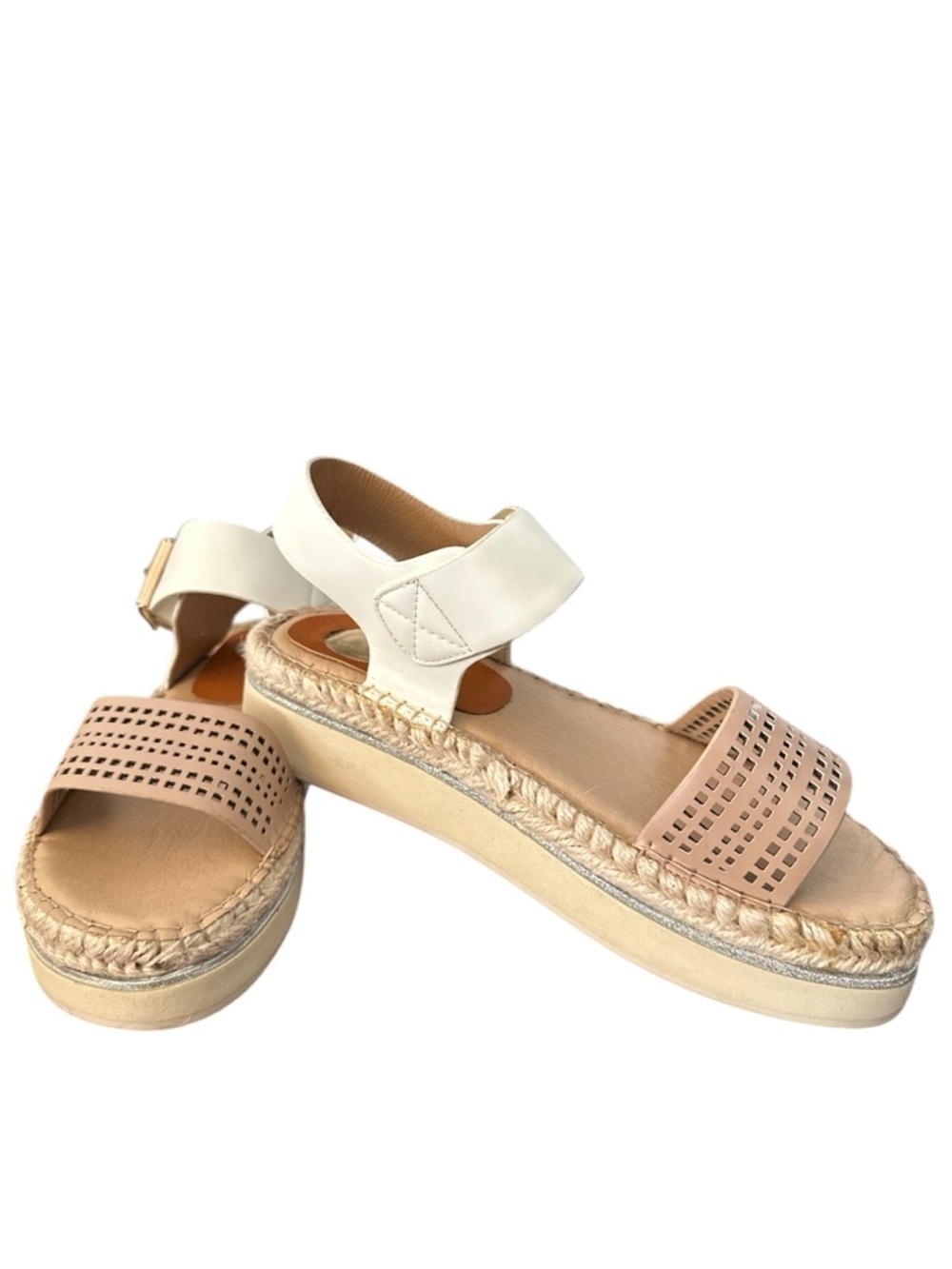 Laura Biagiotti Platform Size 37 Beige White Leather Gold Summer Sandals